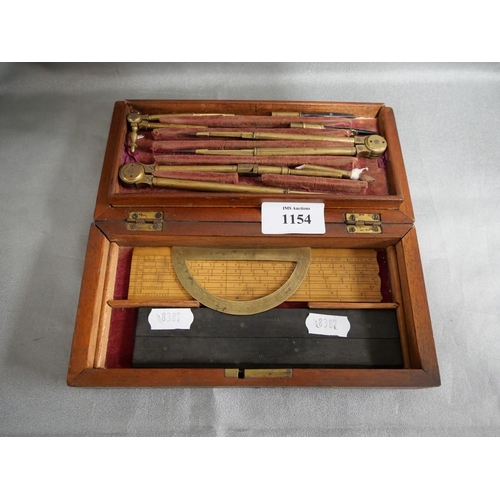 1154 - Cased Drawing Set - Brass Instruments & Wooden Rule etc.