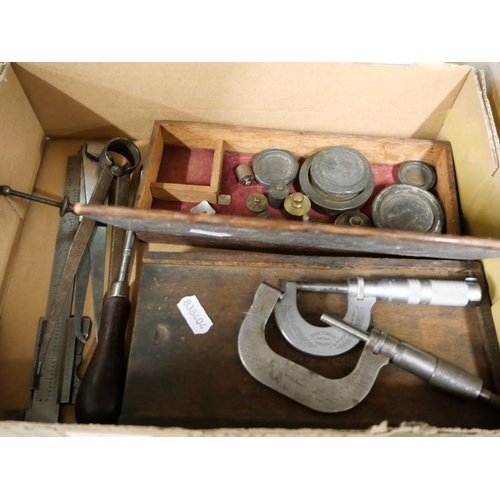 1164 - Quantity of Vintage Engineering Tools, Micrometers & Box of Vintage Weights.