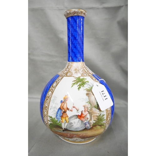 1171 - Single Continental China Bottle Shaped Vase, Panels of Romantic Figures on Blue Ground, approx 25cm ... 