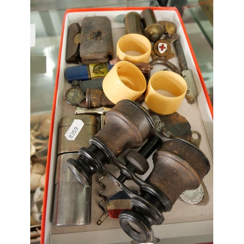 1181 - Tray Lot - Pocket Binoculars, Military Buttons, Lighters etc.