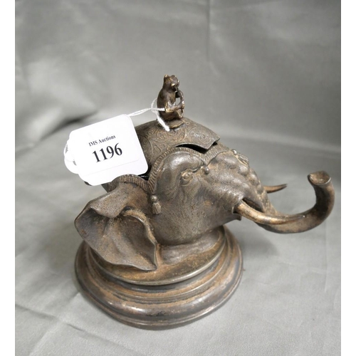 1196 - Unusual Antique Spelter Elephant Head Inkwell with Monkey Musician Finial.