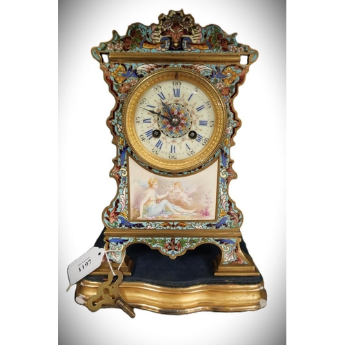 1197 - French Champleve Enamel Mantel Clock on Wooden Base, approx 32cm tall overall.