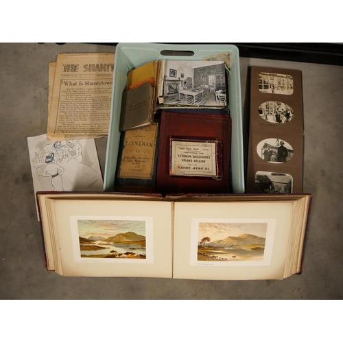 1205 - Box - Assorted Ephemera, Antique Album of old Prints etc.