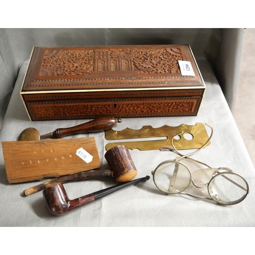 1206 - Eastern Glove Box - Smokers Pipes, Hand Held Goffering Iron, Safety Glasses, Wood From HMS Victory e... 