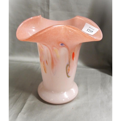 1215 - Vasart Trefoil Vase, white to pink ground, approx 20cm tall.