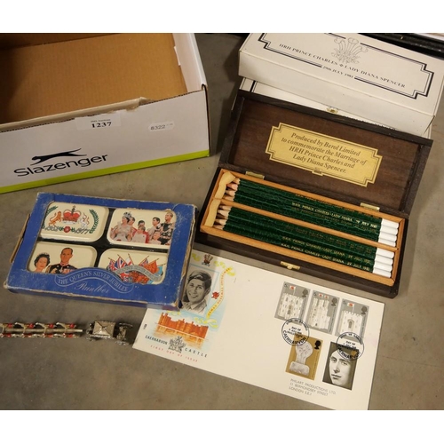 1237 - Box - Royal Memorabilia - Charles & Diana Pencils, FDC's, Miniature Metal Carriage etc.