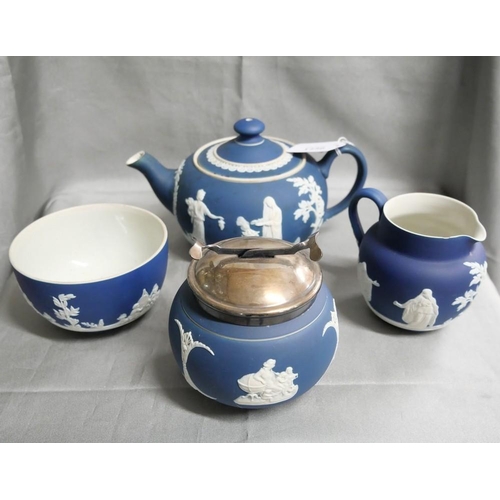 1256 - Antique Tunstall Blue Jasper Tea Service & Sugar Bowl.