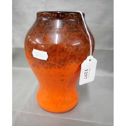 1257 - Orange Monart Baluster Shaped Vase, approx 18cm tall.