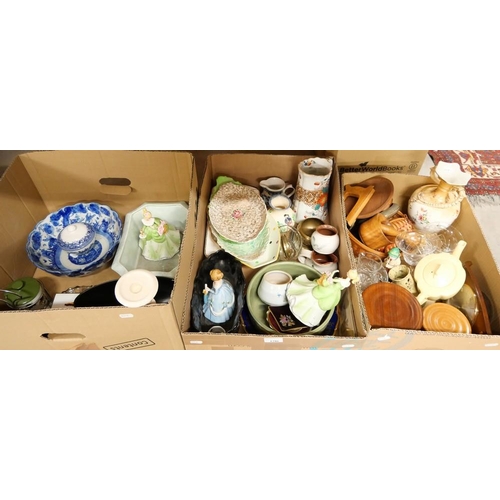 1286 - Three Boxes - Porcelain Figures, Wooden Coasters, Pottery Jugs etc.