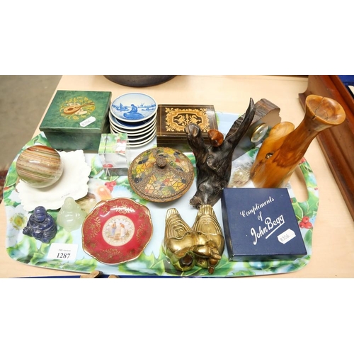 1287 - Tray Lot - Onyx Ball, Miniature Copenhagen Plates, Wooden Boxes etc.