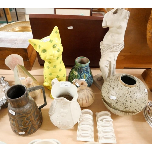 1294 - Pottery Jugs, Cats, Ornaments etc.