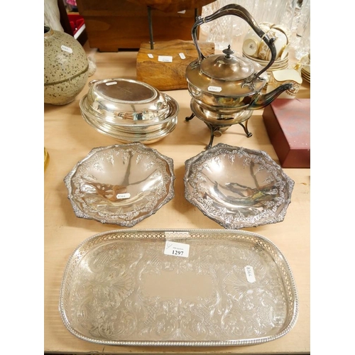 1297 - Silverplated Spirits Kettle, Serving Dishes, Trays etc.