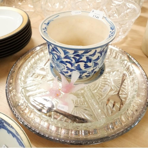 1346 - Blue & White Planter, Glass Birds & Sectional Hors De Oeuvre Dish.