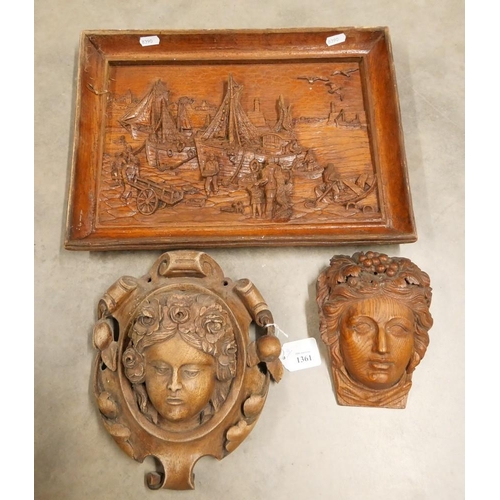 1361 - Carved Wood Panel & two wall masks.