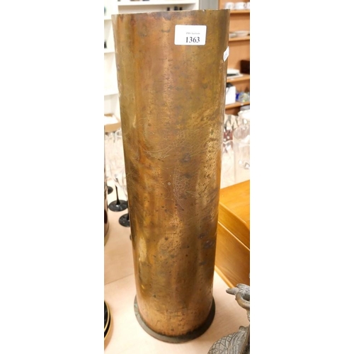 1363 - Large Engraved Brass Shell Case, approx 57.5cm tall.