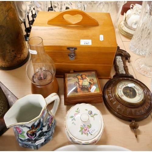 1367 - Oak Dome Top Jewellery Casket, Oil Lamp, Barometer etc.