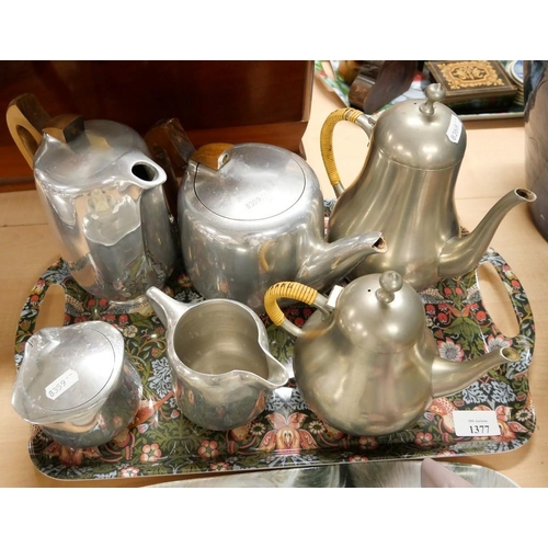 1377 - Tray Lot - Four Piece Picquot Ware Tea Service & Pewter Coffee Pot & Water Jug.