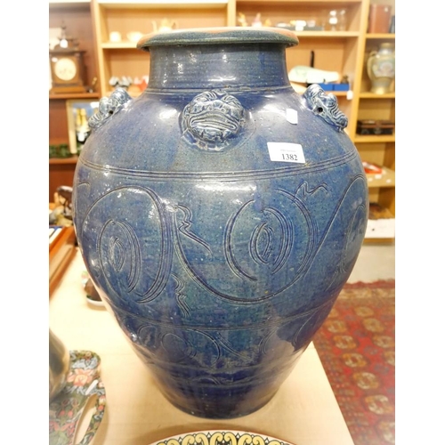 1382 - Very Large Chinese / Oriental Blue Glazed Pottery Vase, the upper body decorated with Lion Mask Prun... 