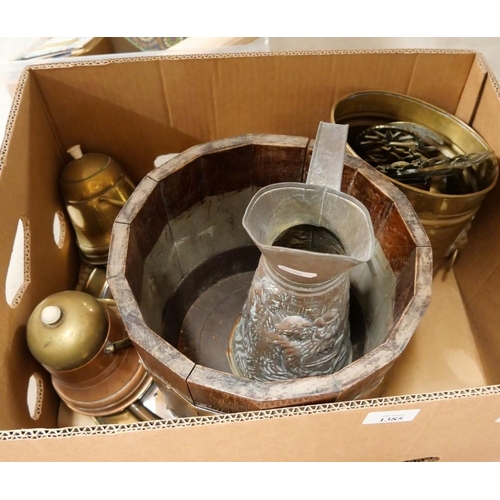 1385 - Copper Bound Oak Bucket, Horse Brasses, Tea Caddies etc.