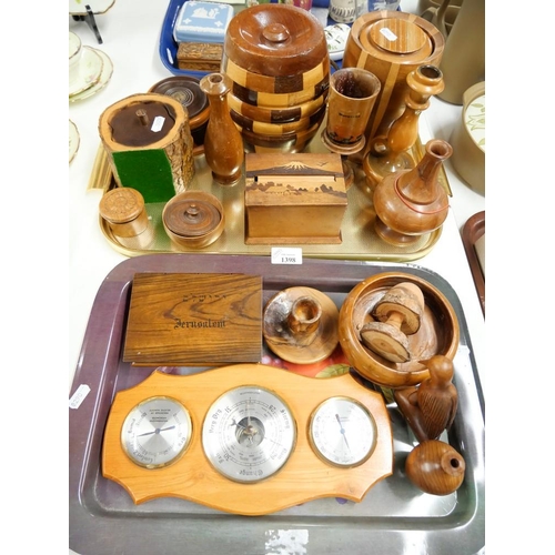 1398 - Two Trays - Wooden Ice Buckets, Cigarette Box, Storage Jars etc.