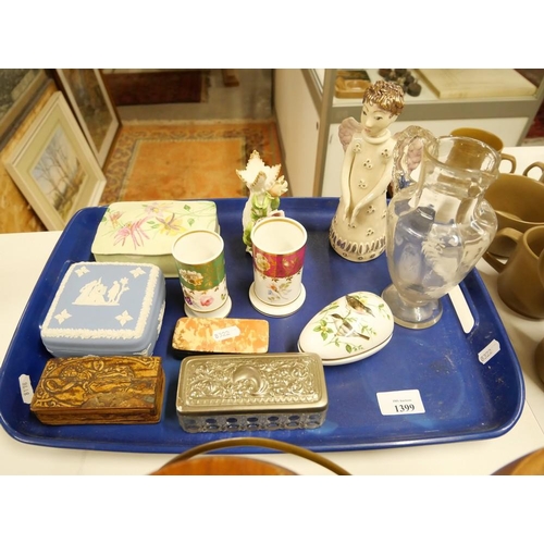 1399 - Tray Lot - Wedgwood Box, Snuff Box, Glass Jug etc.