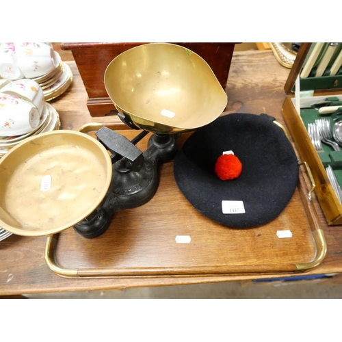 1417 - Brassbound Wooden Tray, Kitchen Scales, Tam-o-shanter Hat.