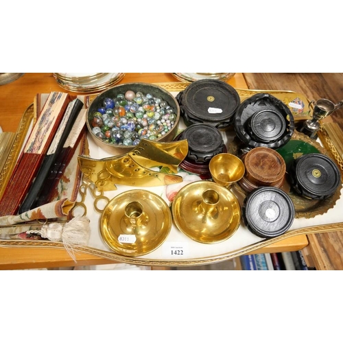 1422 - Tray Lot - Three Fans, Brass Dish & Collection of Marbles etc.