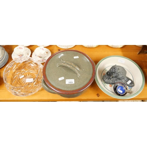 1424 - Large Glazed Clay Dish & Cover, Crathies Pottery Dish & Crystal Fruit Bowl etc.