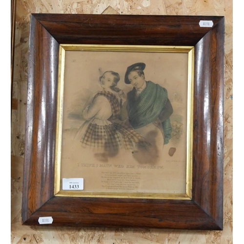 1433 - Antique Coloured Engraving in Rosewood Frame, approx 22 x 26cm.