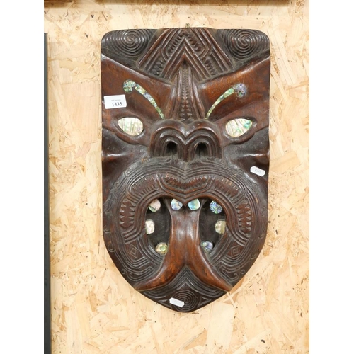 1435 - Maori Wheku Tribal Mask - Pau Shell Eyes and Features, approx 48cm tall.