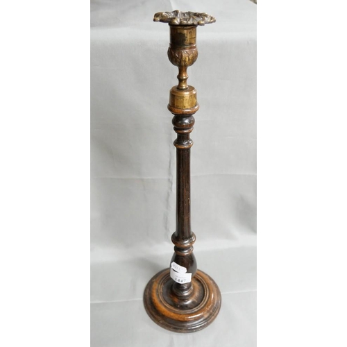 1447 - Antique Turned Wood Candlestick with Brass Mounts.