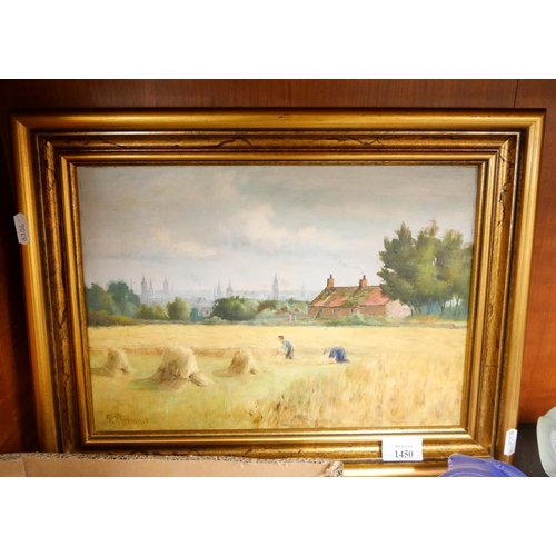 1450 - Framed Oil Painting - Figures Cutting Crops, Signed R. Bremner approx 34 24cm.