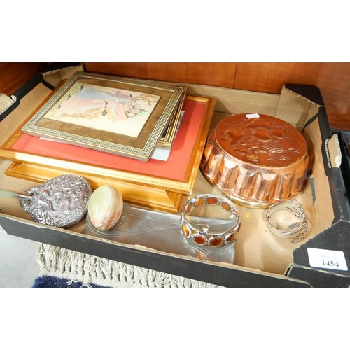 1454 - Box - Copper Jelly Mould, Framed Prints, Hand Mirror etc.