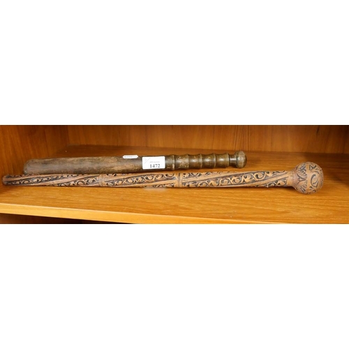 1472 - Vintage Baton / Truncheon & Far Eastern Wooden Ceremonial Club.