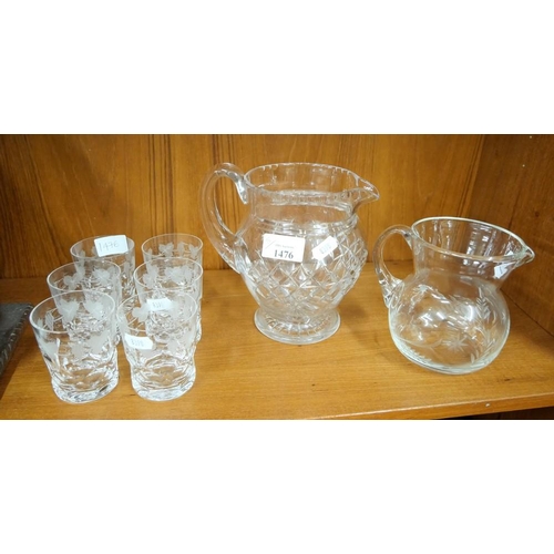 1476 - Set of Six Vine Engraved Whisky Glasses & Two Glass Jugs.