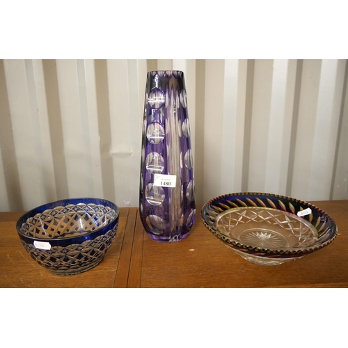 1480 - Tapered Cut Glass Mauve Flash Vase & Two Blue Flash Bowls.