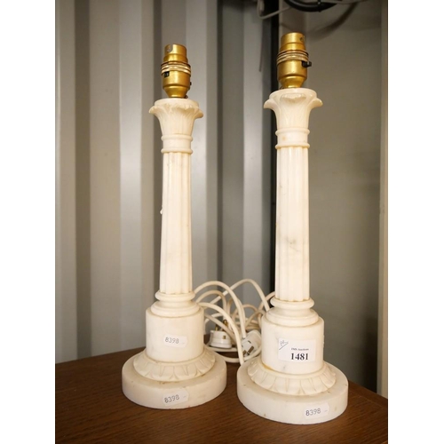 1481 - Pair of White Marble Table Lamps, approx 37cm tall.