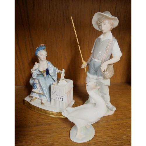 1482 - Lladro Porcelain Fisherman & Goose and Continental Porcelain Figure Group.