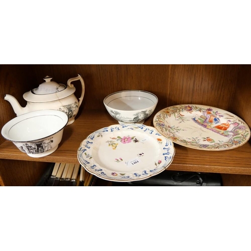 1484 - Two Antique China Plates, Two Transfer Printed Bowls & Teapot.