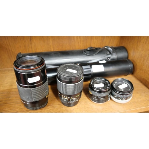 1486 - Five Vintage Camera Lenses - Harmony f400 1.8, Chinon 135mm 2.8, Sigma 70-210 zoom, Hoya wide angle,... 