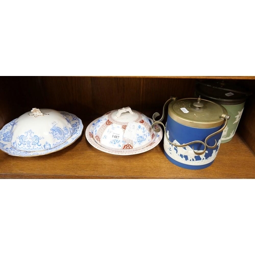 1487 - Antique Adams & Wedgwood Jasper Biscuit Barrels & Two Royal Crown Derby China Muffin Dishes.