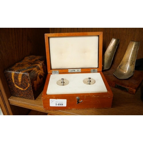 1488 - Davidoff 925 Sterling Silver Mounted Pipe Stand, Pokerwork Box & Boxed Pair of 200g Calibration Weig... 