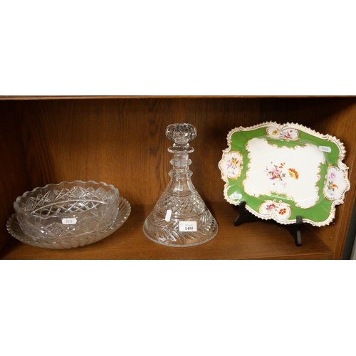 1495 - Glass Decanter, Two Glass Bowls & Antique Floral Painted Dish.