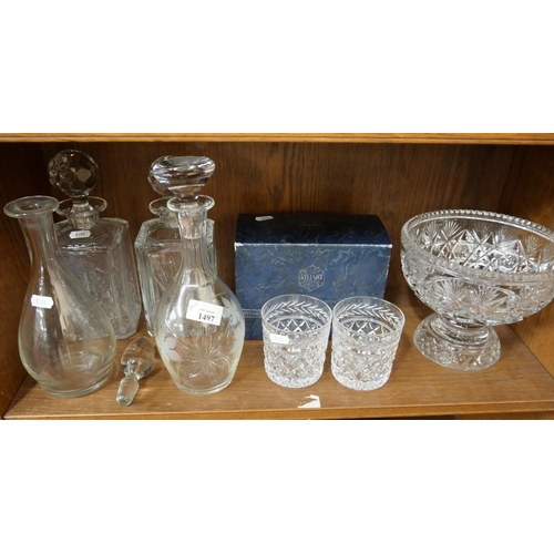 1497 - Crystal Footed Bowl, Four Decanters & Crystal Drinking Glasses.