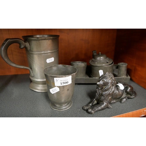 1500 - Antique Pewter Desk Set, Pewter Quart Tankard, Landseer Recumbent Lion & Antique Pewter Beaker.