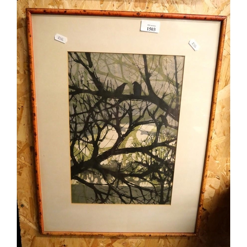 1503 - Unsigned Pen & Ink - Crows Amidst Bare Tree Branches, approx 25 x 37cm.