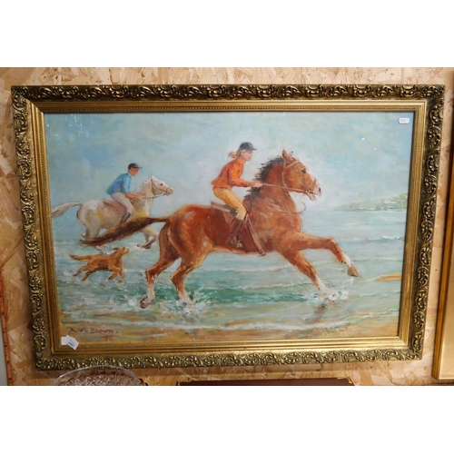 1507 - Framed Oil Painting - Horses Galloping Along Shoreline by A W Brown, approx 86 x 56cm.