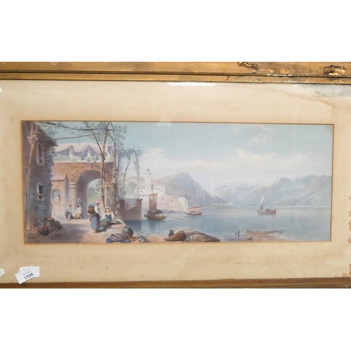 1508 - Large Victorian Framed Watercolour - Italian Lake Scene, approx 60 x 23cm.