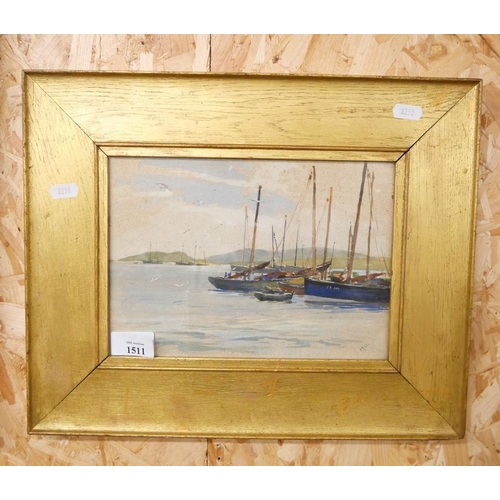 1511 - Framed Watercolour - Boats in a Harbour 1911, approx 25 x 18cm.