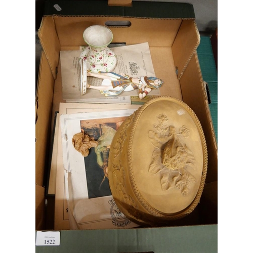 1522 - Box - Antique Wedgwood Oven Dish (damaged), Christies Catalogues, China Figure etc.